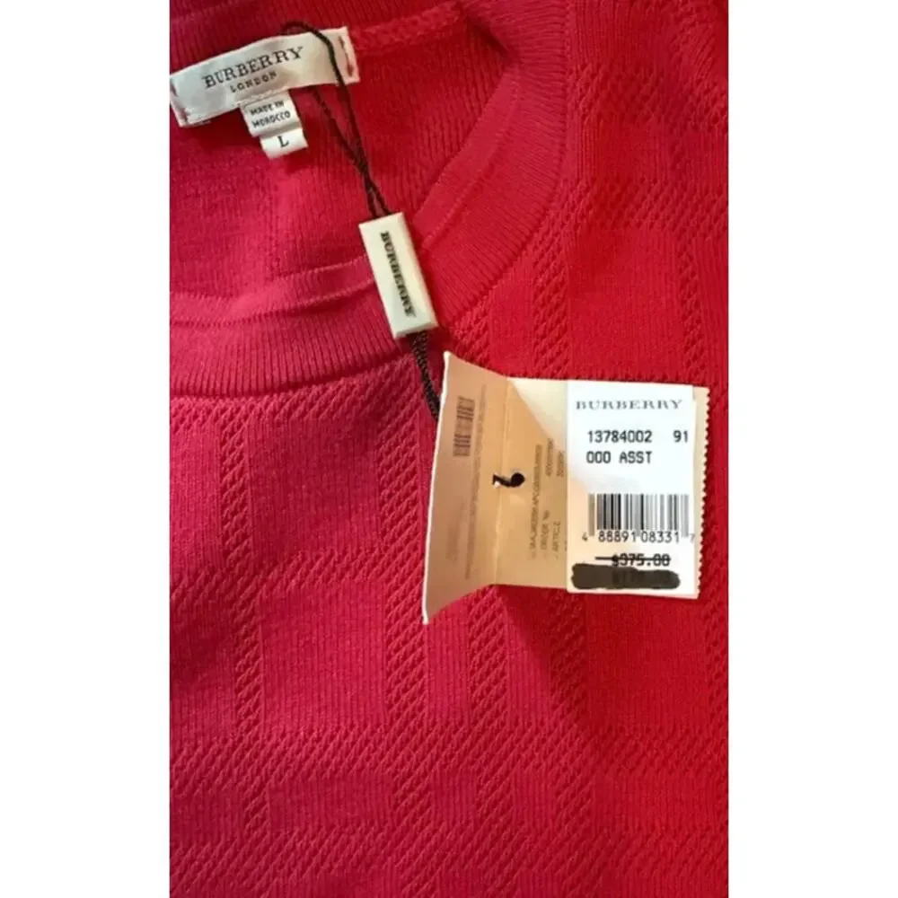Burberry Brit Mens L Red Tonal Jacquard Check Crewneck Pullover Cotton Sweater